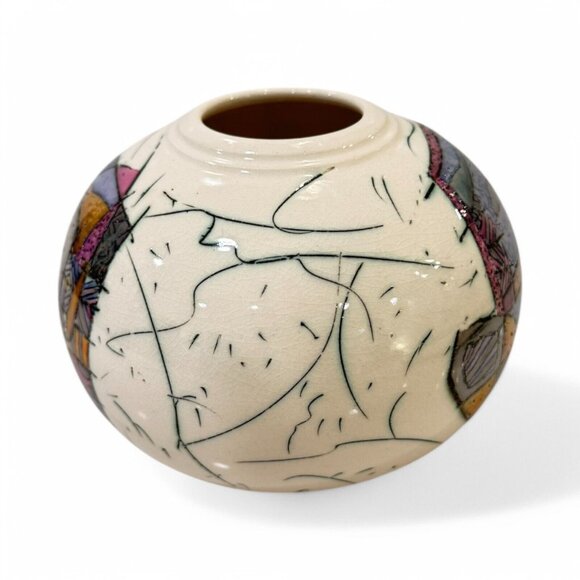 Signed Kirk Freeman Polychrome Ceramic Vase Studio Art Pottery Post-Modern 7"x5" - Picture 4 of 11